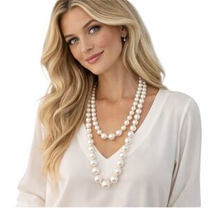 Long Faux Pearl Necklace 44” Graduated Beaded Strand White Classic Bridal
